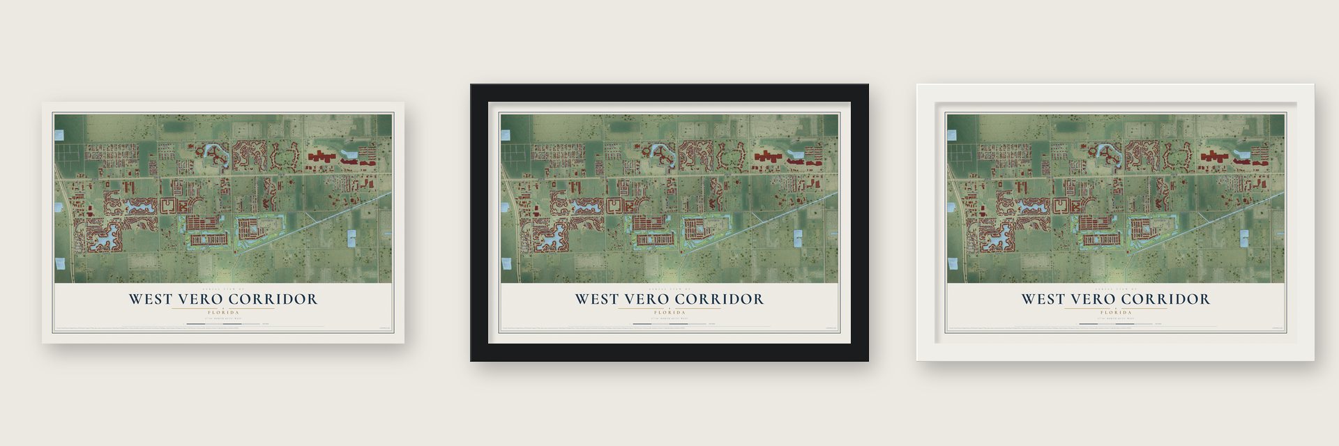 West Vero Corridor, Florida map unframed, in a black wood frame and in a white wood frame