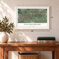 West Vero Corridor, Florida map, 12 x 18 inch print in a white frame in an entryway