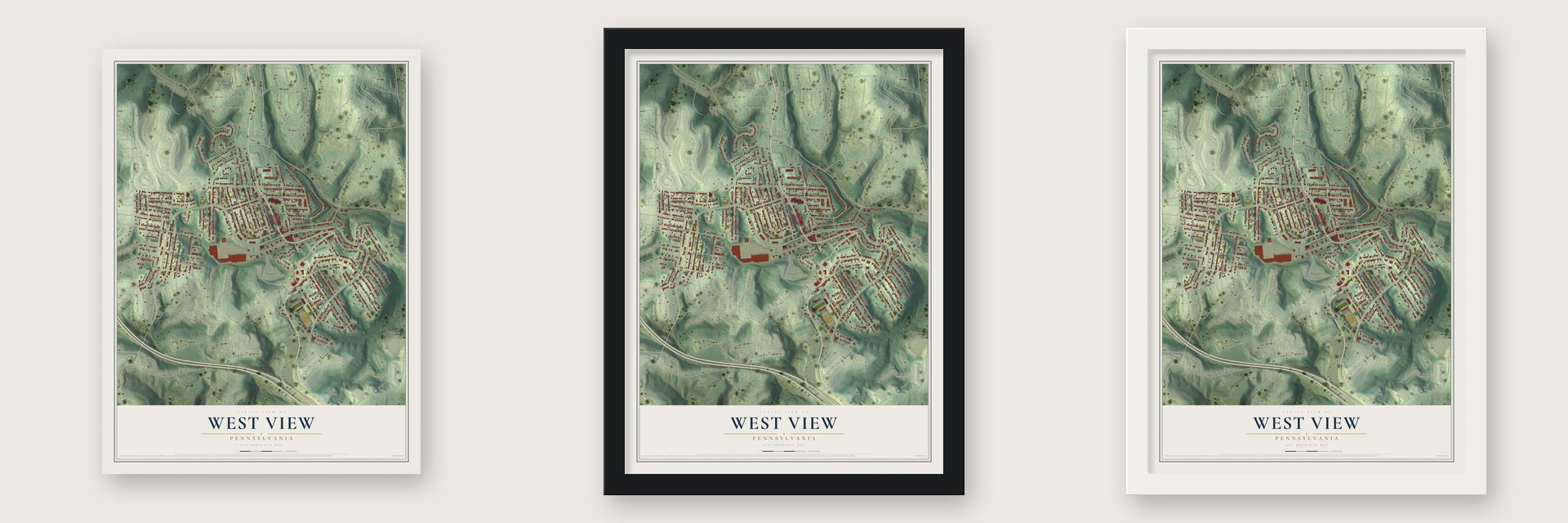 West View, Pennsylvania map unframed, in a black wood frame and in a white wood frame