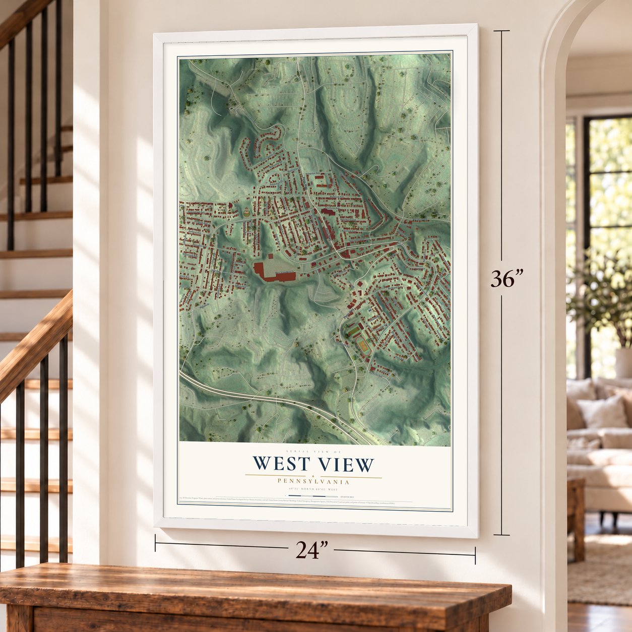 West View, Pennsylvania map, 24 x 36 inch print in a white frame by a staircase