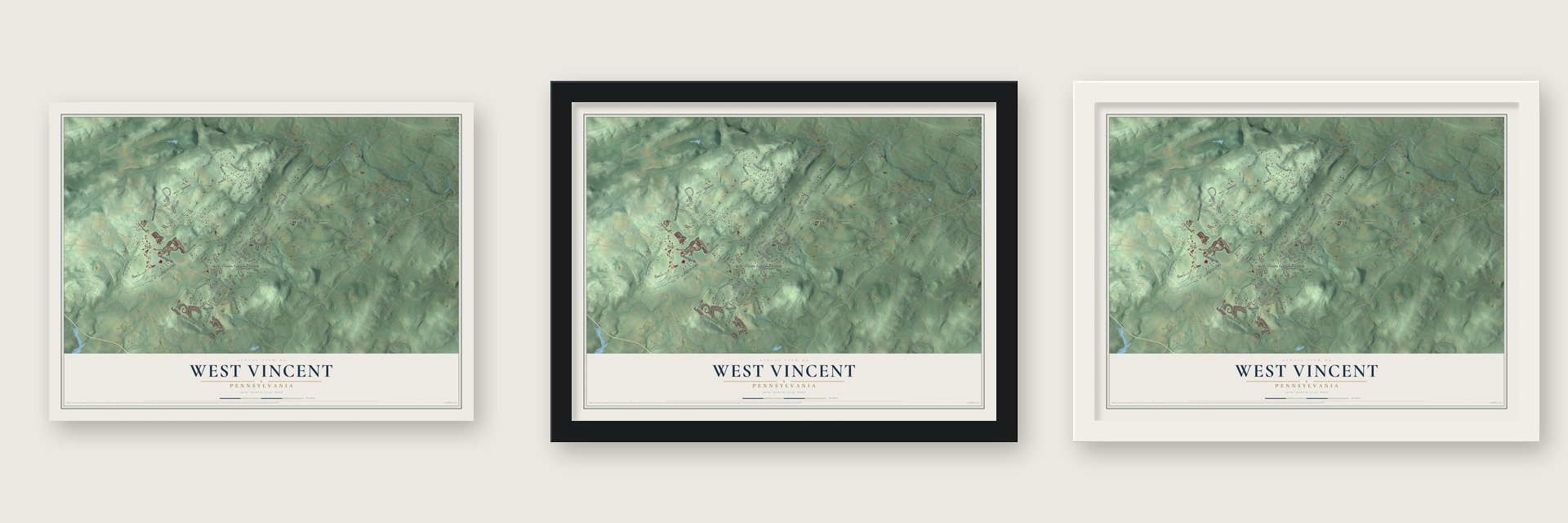 West Vincent, Pennsylvania map unframed, in a black wood frame and in a white wood frame