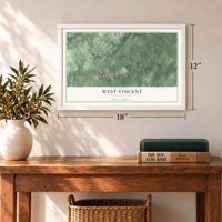 West Vincent, Pennsylvania map, 12 x 18 inch print in a white frame in an entryway