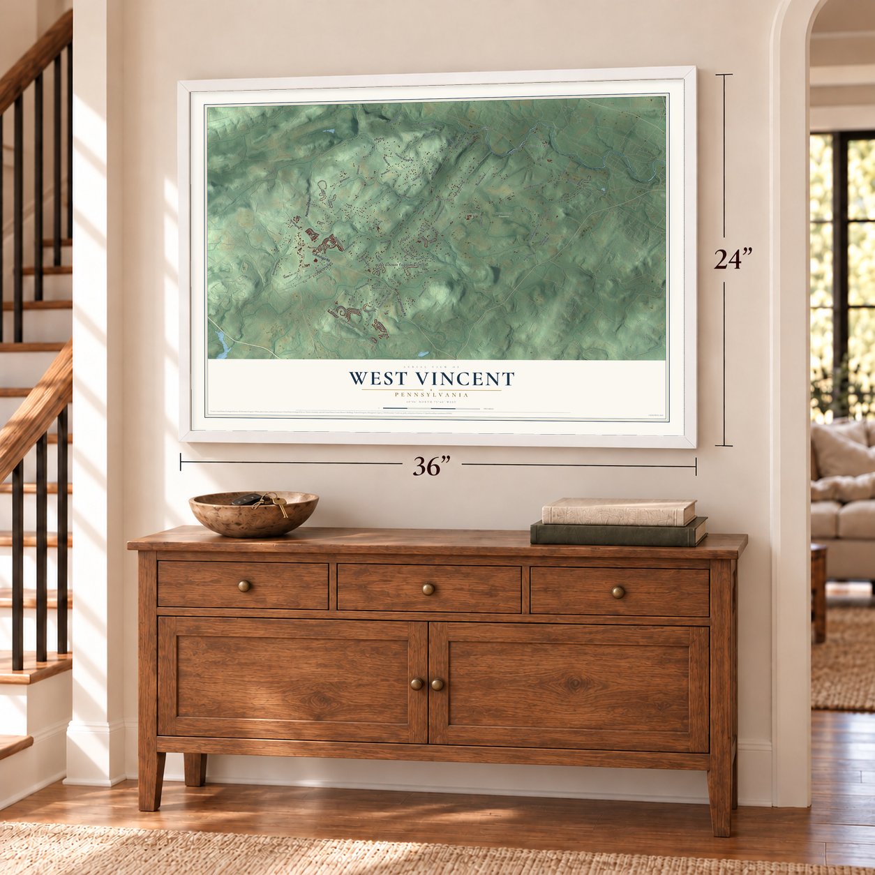 West Vincent, Pennsylvania map, 24 x 36 inch print in a white frame above a dresser by a staircase