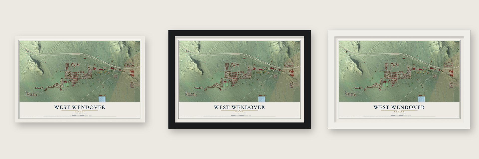 West Wendover, Nevada map unframed, in a black wood frame and in a white wood frame