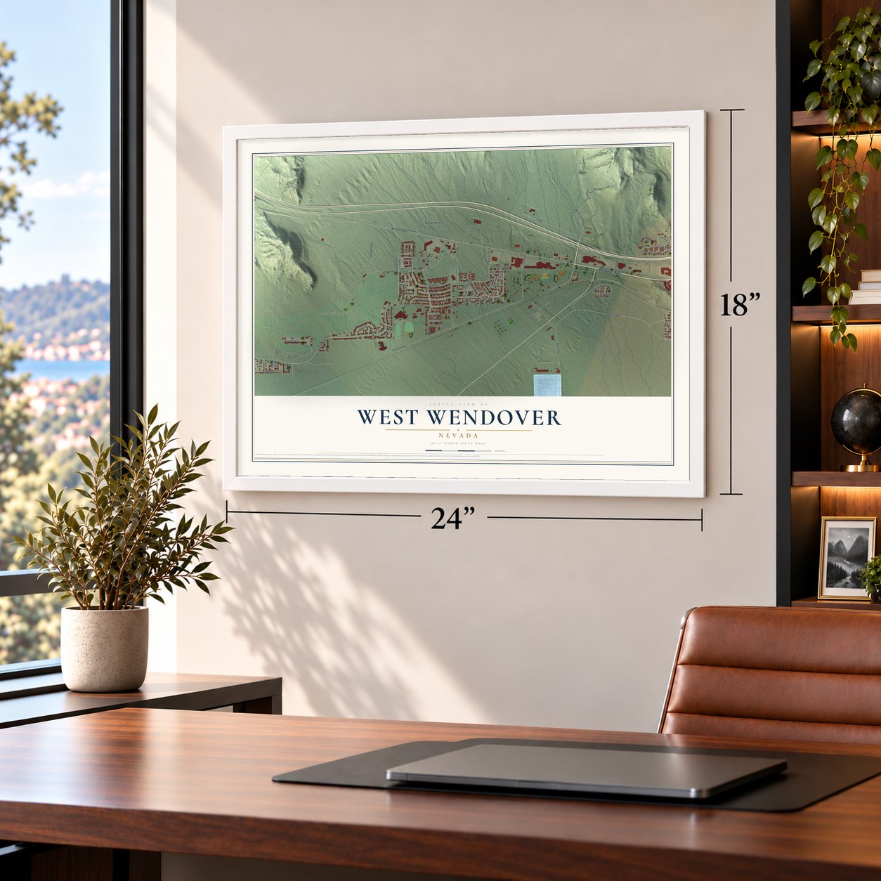 West Wendover, Nevada map, 18 x 24 inch print in a white frame in a home office