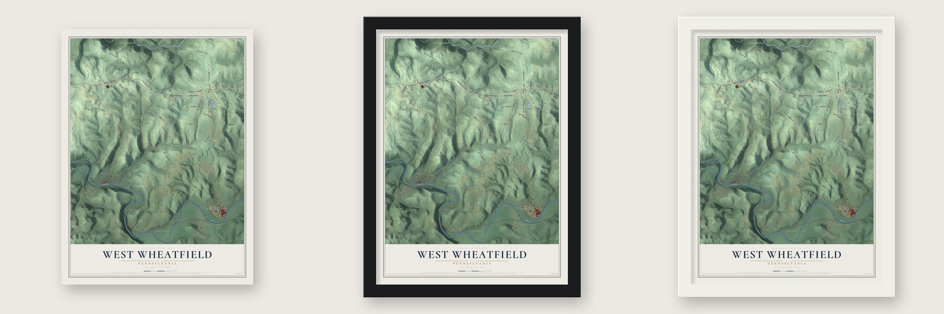 West Wheatfield, Pennsylvania map unframed, in a black wood frame and in a white wood frame