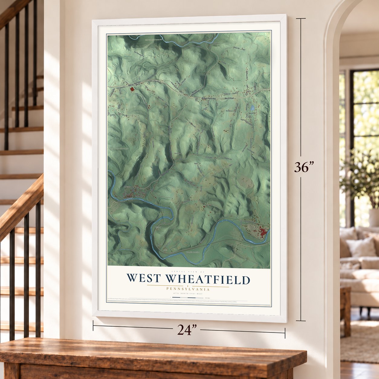 West Wheatfield, Pennsylvania map, 24 x 36 inch print in a white frame by a staircase