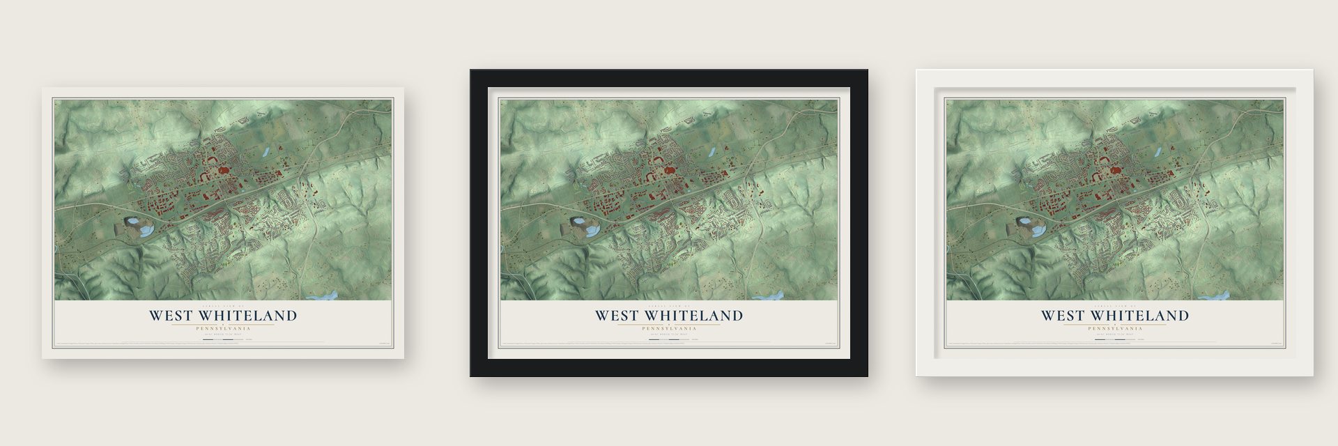 West Whiteland, Pennsylvania map unframed, in a black wood frame and in a white wood frame