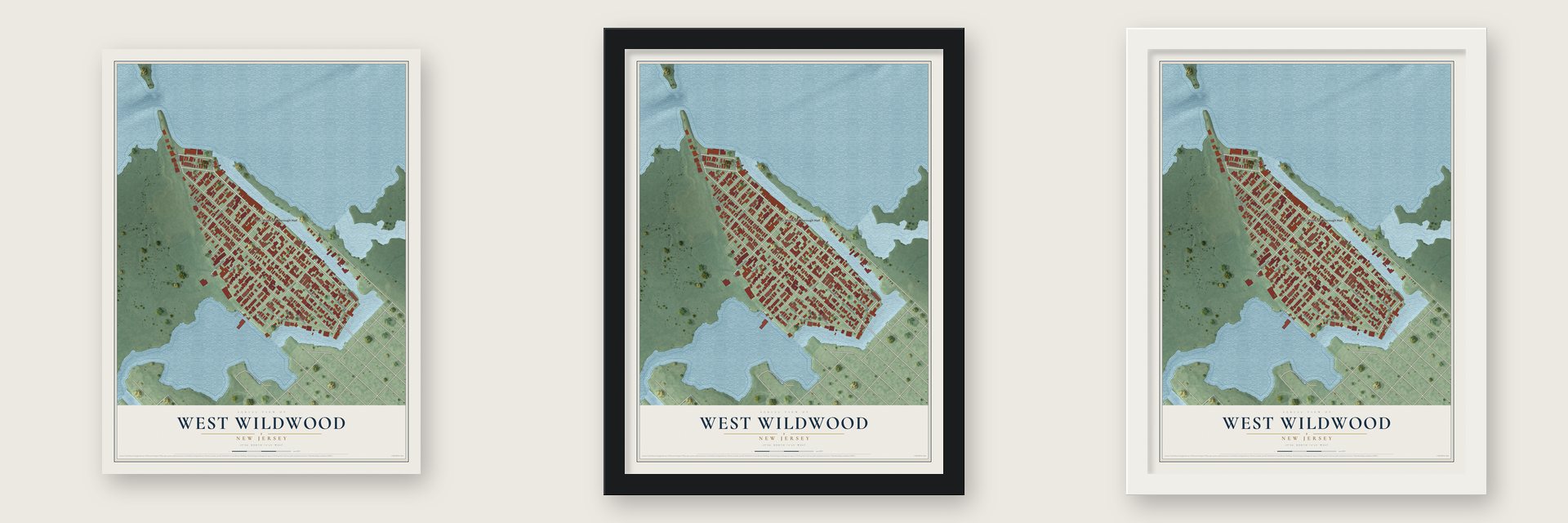 West Wildwood, New Jersey map unframed, in a black wood frame and in a white wood frame