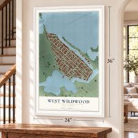 West Wildwood, New Jersey map, 24 x 36 inch print in a white frame by a staircase