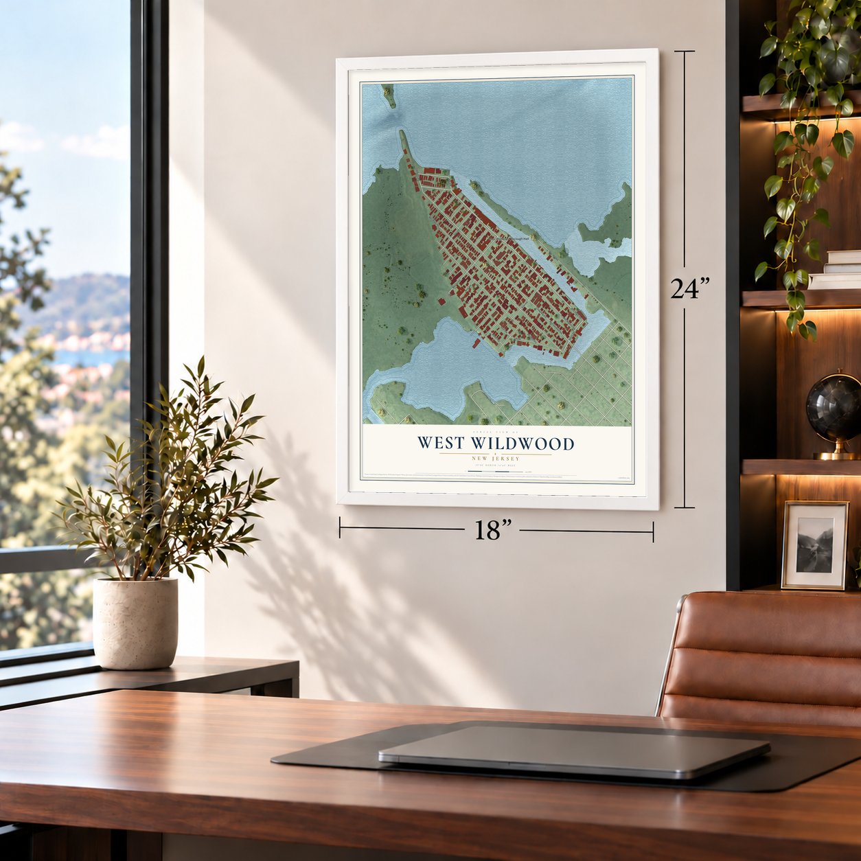 West Wildwood, New Jersey map, 18 x 24 inch print in a white frame in a home office