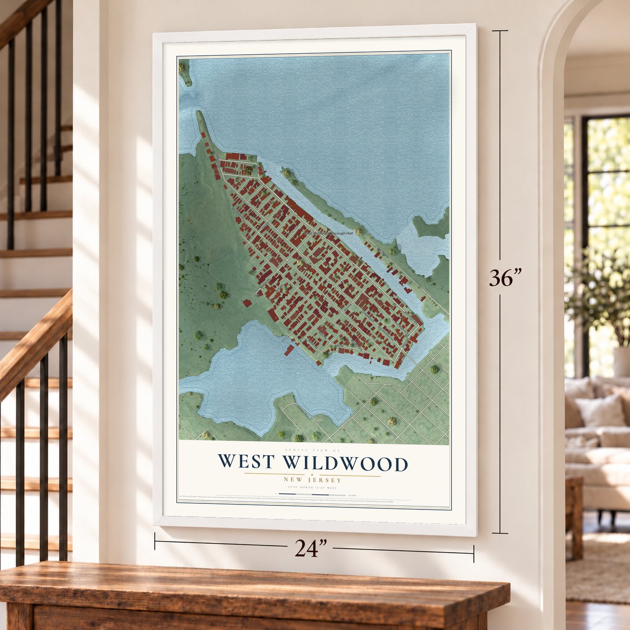 West Wildwood, New Jersey map, 24 x 36 inch print in a white frame by a staircase