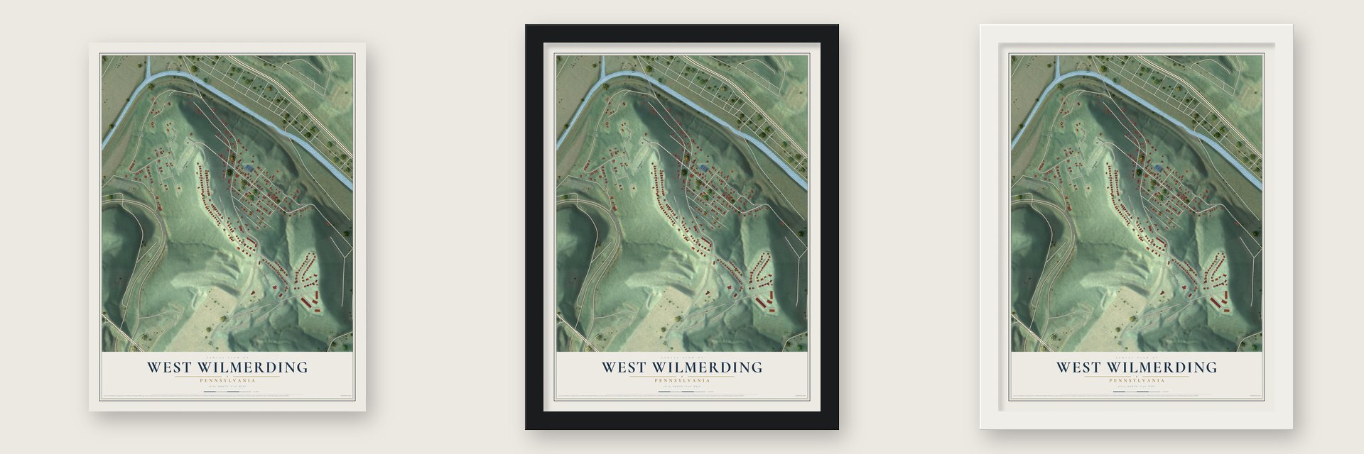 West Wilmerding, Pennsylvania map unframed, in a black wood frame and in a white wood frame