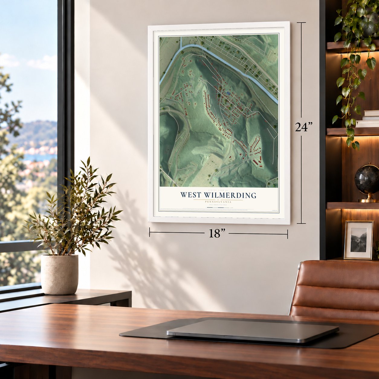 West Wilmerding, Pennsylvania map, 18 x 24 inch print in a white frame in a home office