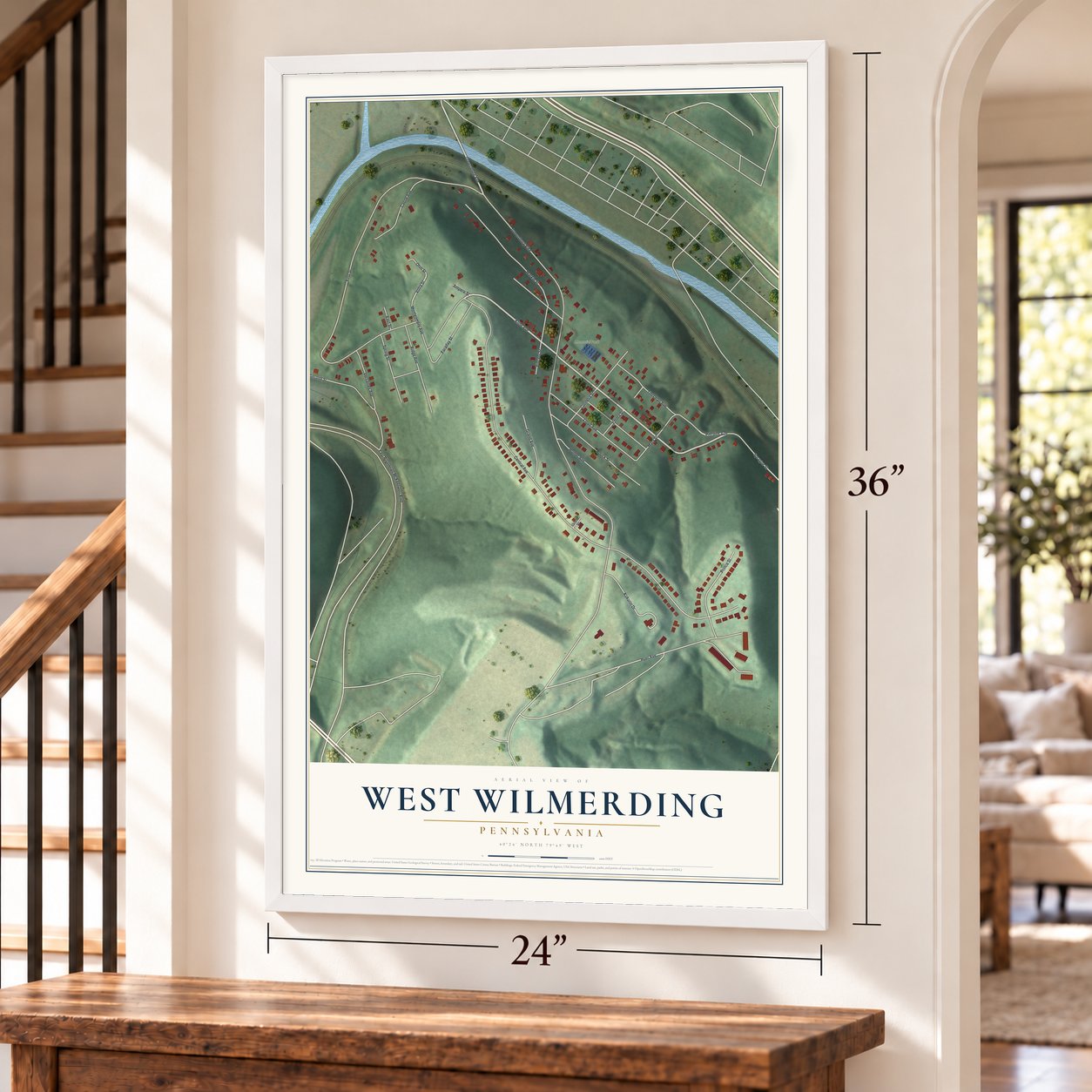 West Wilmerding, Pennsylvania map, 24 x 36 inch print in a white frame by a staircase