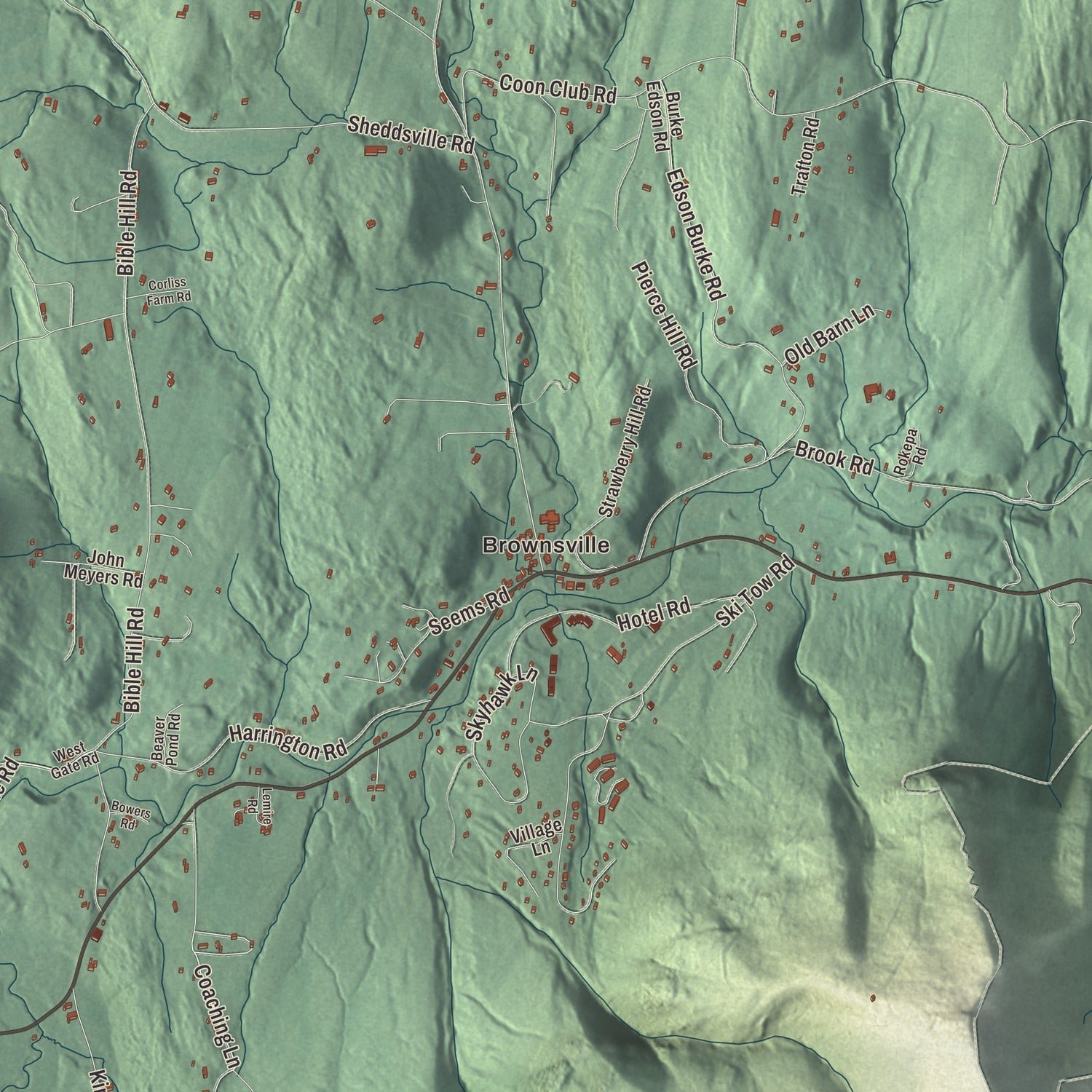 Close-up of the map of West Windsor, Vermont print showing terrain and local geography
