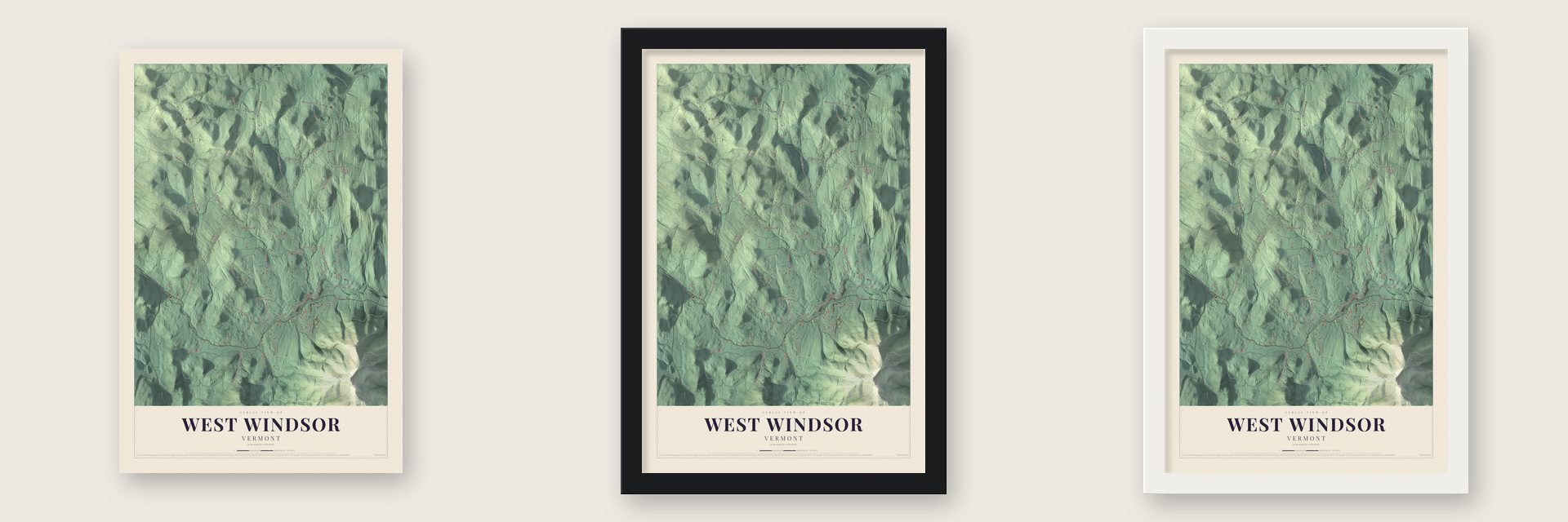 West Windsor, Vermont map unframed, in a black wood frame and in a white wood frame