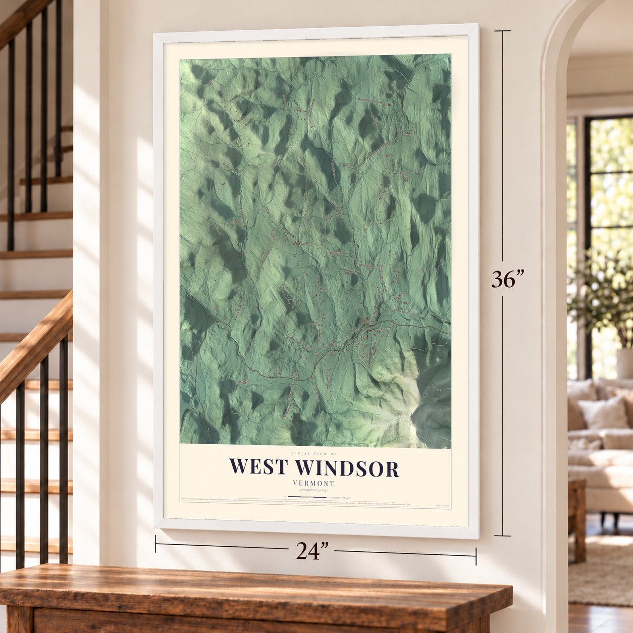 West Windsor, Vermont map, 24 x 36 inch print in a white frame by a staircase