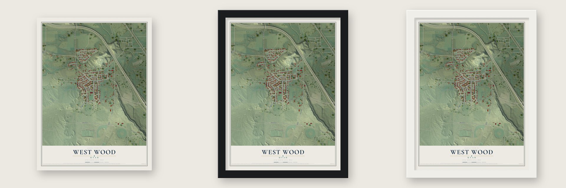 West Wood, Utah map unframed, in a black wood frame and in a white wood frame