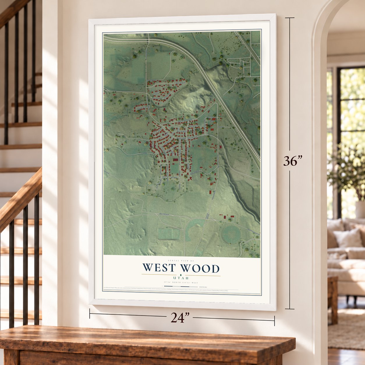 West Wood, Utah map, 24 x 36 inch print in a white frame by a staircase