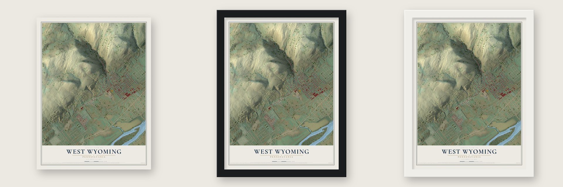 West Wyoming, Pennsylvania map unframed, in a black wood frame and in a white wood frame