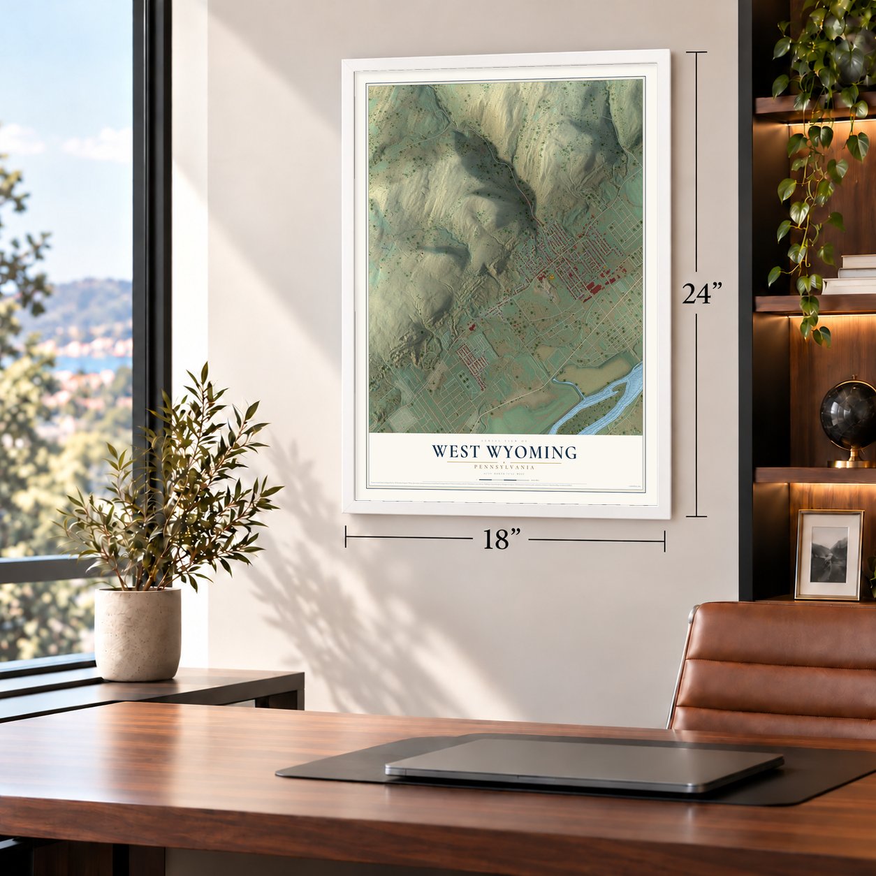 West Wyoming, Pennsylvania map, 18 x 24 inch print in a white frame in a home office