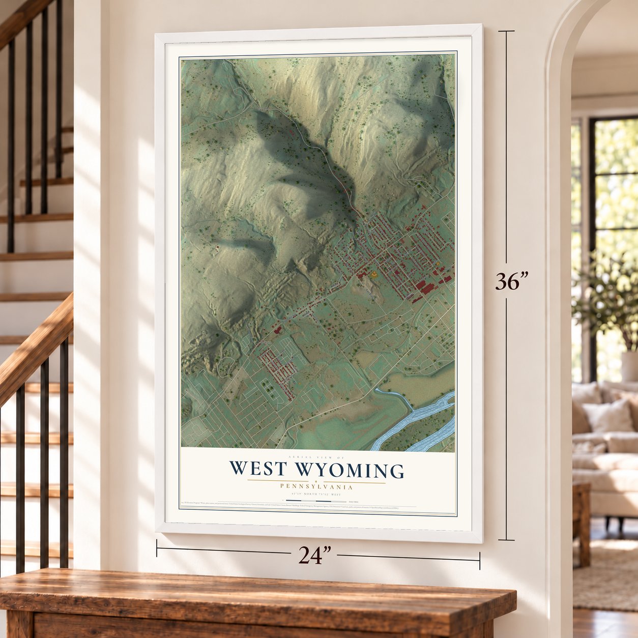 West Wyoming, Pennsylvania map, 24 x 36 inch print in a white frame by a staircase