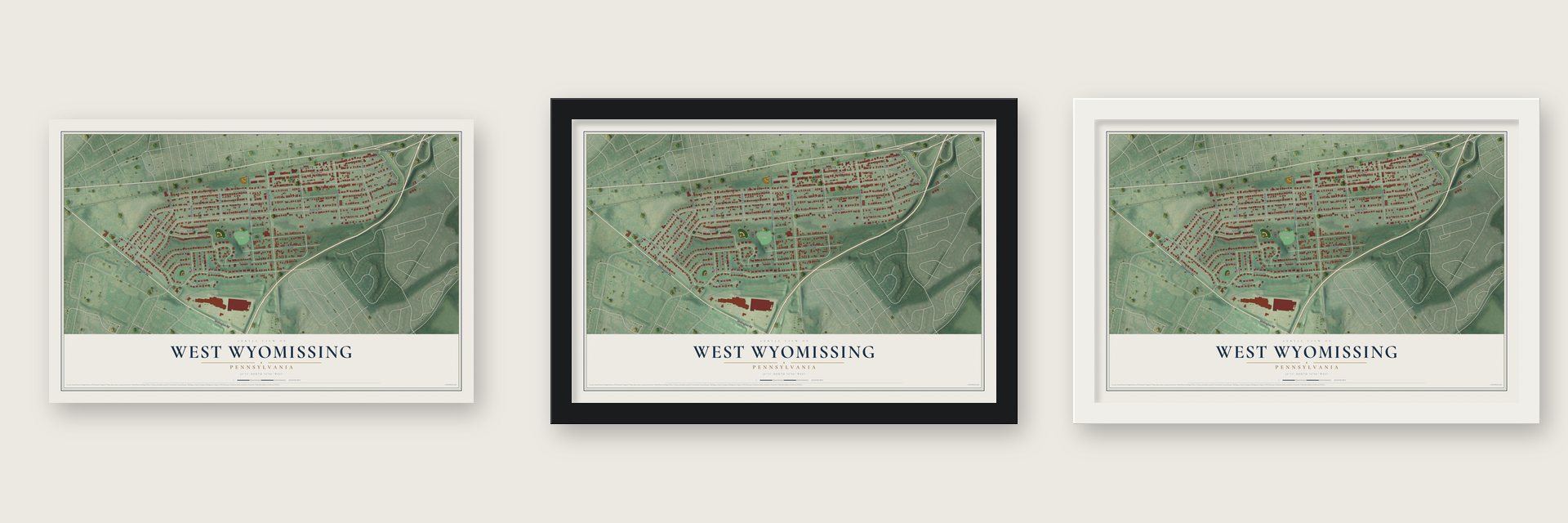 West Wyomissing, Pennsylvania map unframed, in a black wood frame and in a white wood frame