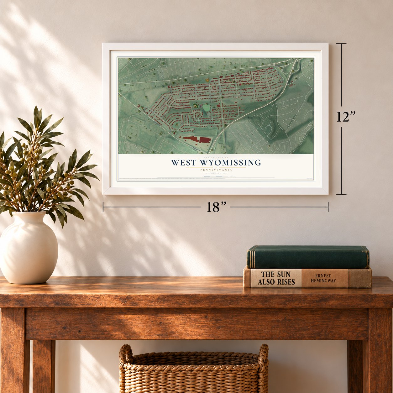 West Wyomissing, Pennsylvania map, 12 x 18 inch print in a white frame in an entryway