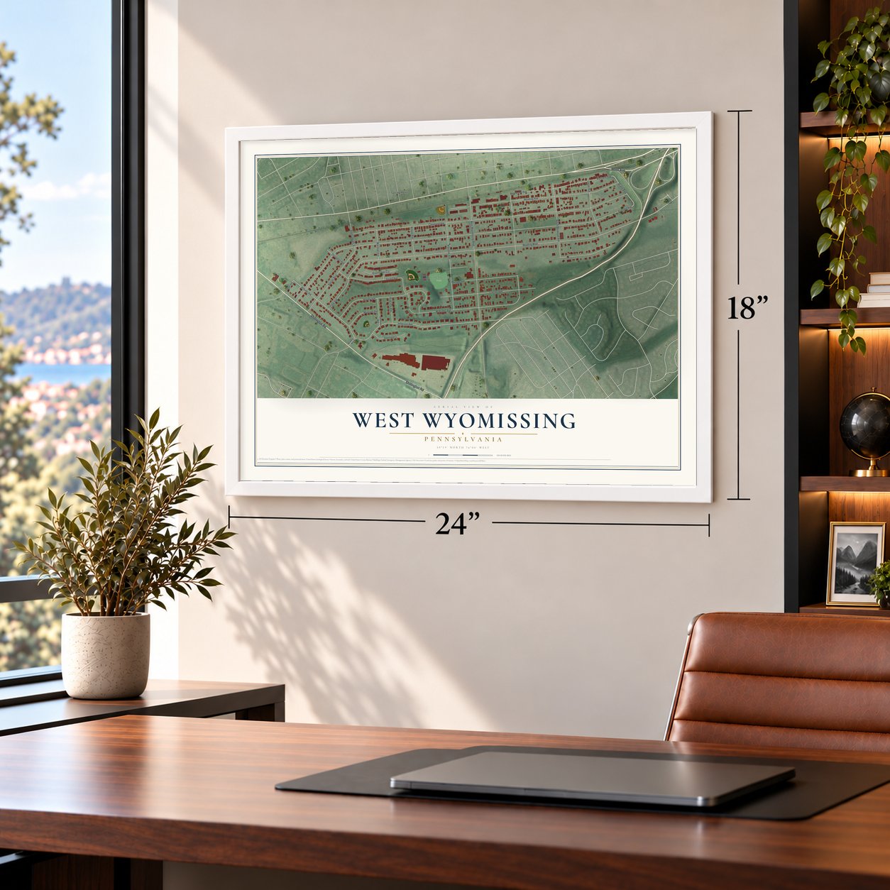 West Wyomissing, Pennsylvania map, 18 x 24 inch print in a white frame in a home office