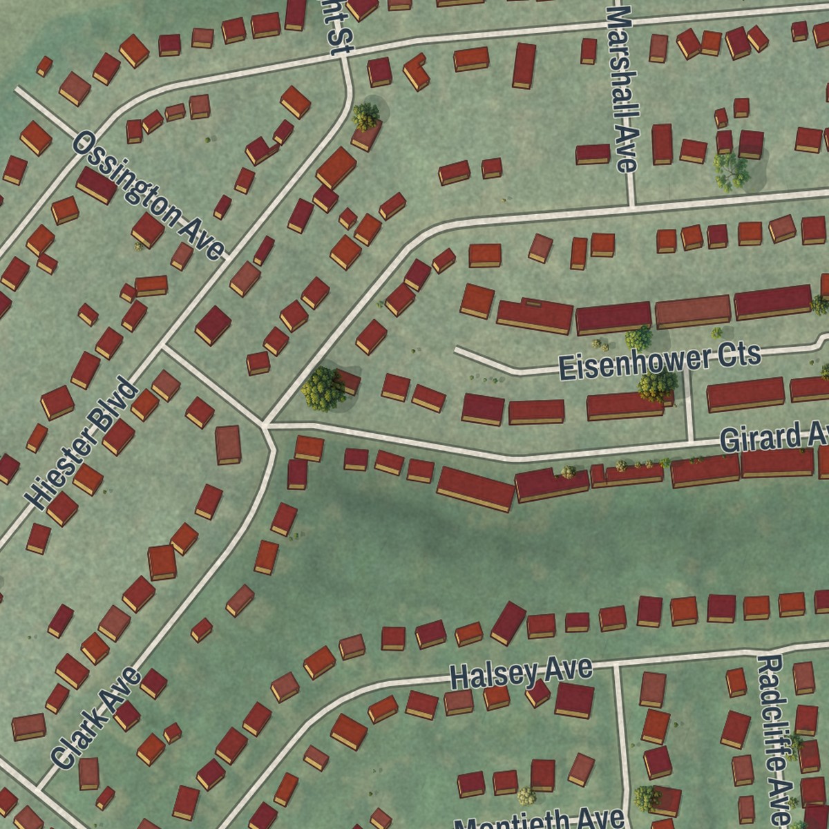 Second close-up of the map of West Wyomissing, Pennsylvania print showing more streets and buildings