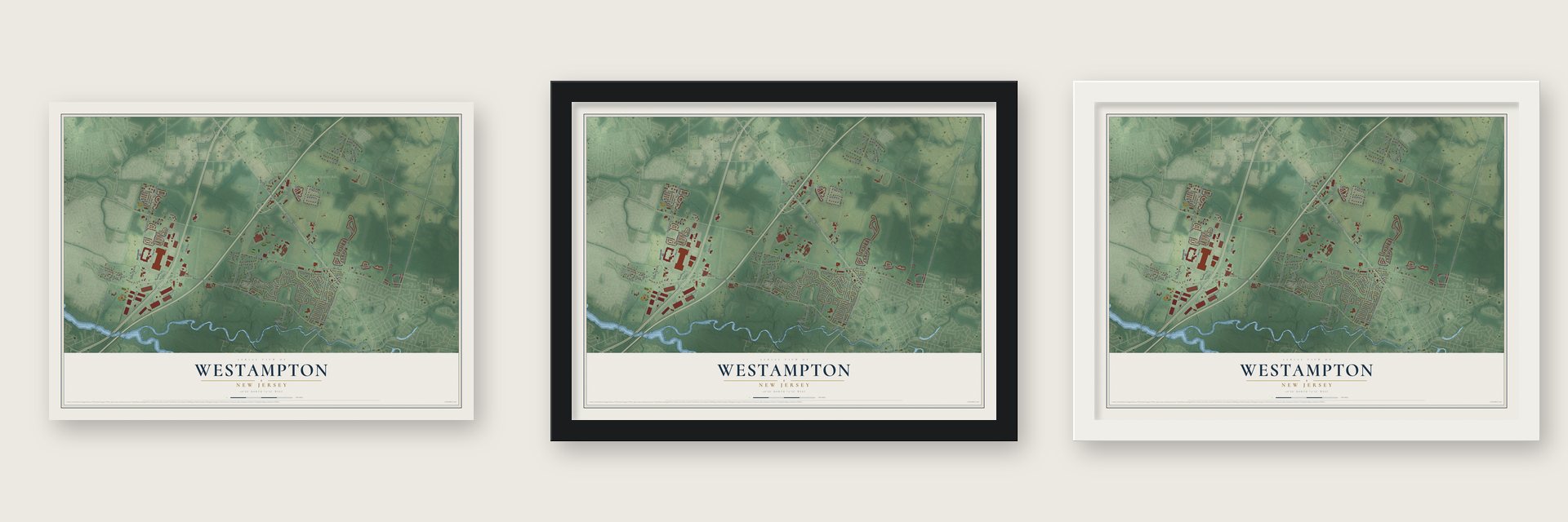 Westampton, New Jersey map unframed, in a black wood frame and in a white wood frame