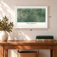 Westampton, New Jersey map, 12 x 18 inch print in a white frame in an entryway