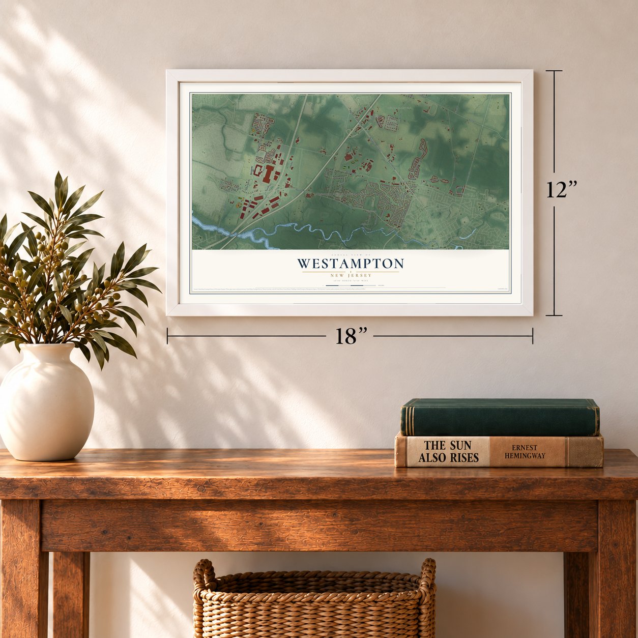 Westampton, New Jersey map, 12 x 18 inch print in a white frame in an entryway