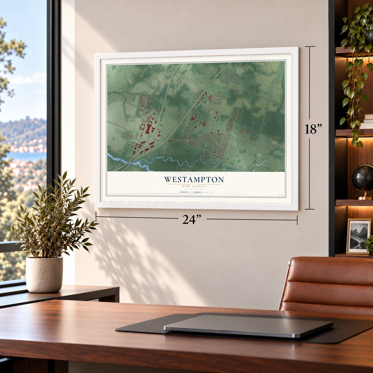 Westampton, New Jersey map, 18 x 24 inch print in a white frame in a home office