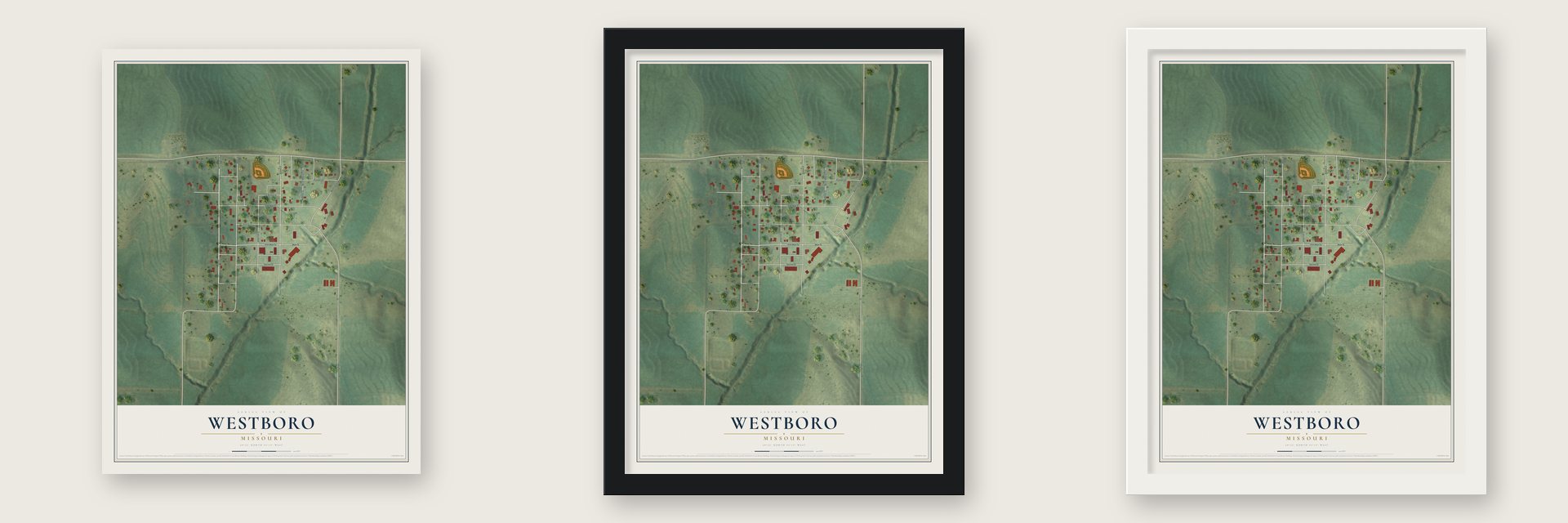 Westboro, Missouri map unframed, in a black wood frame and in a white wood frame