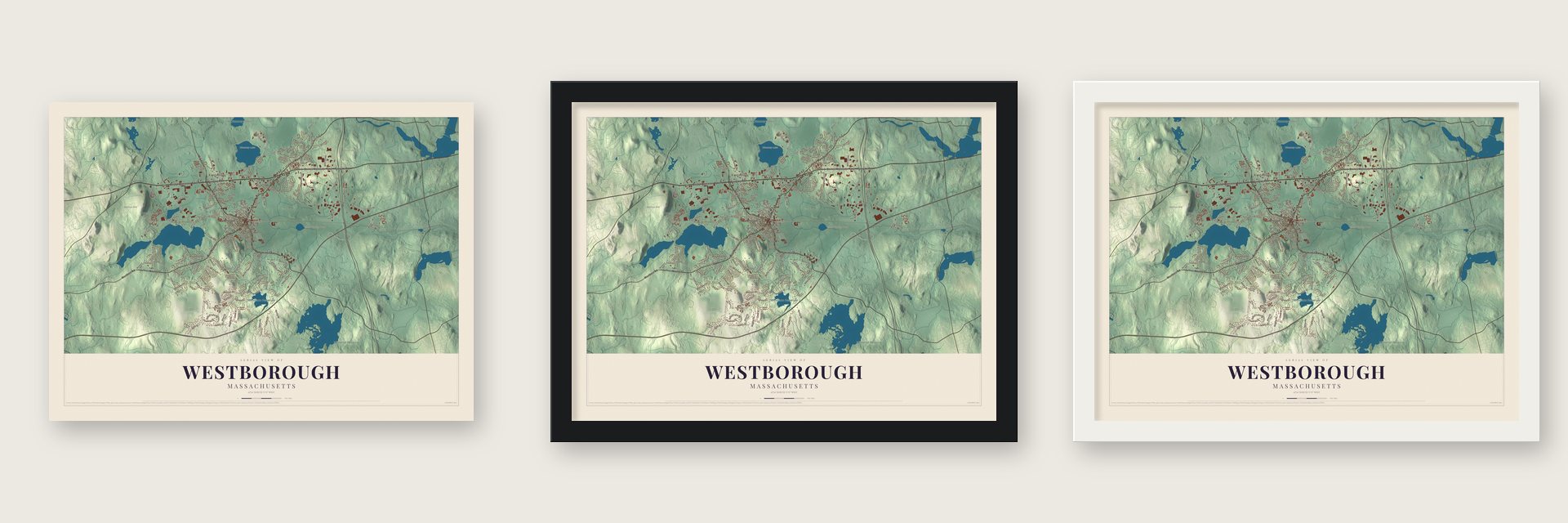 Westborough, Massachusetts map unframed, in a black wood frame and in a white wood frame