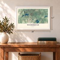 Westborough, Massachusetts map, 12 x 18 inch print in a white frame in an entryway