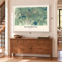 Westborough, Massachusetts map, 24 x 36 inch print in a white frame above a dresser by a staircase