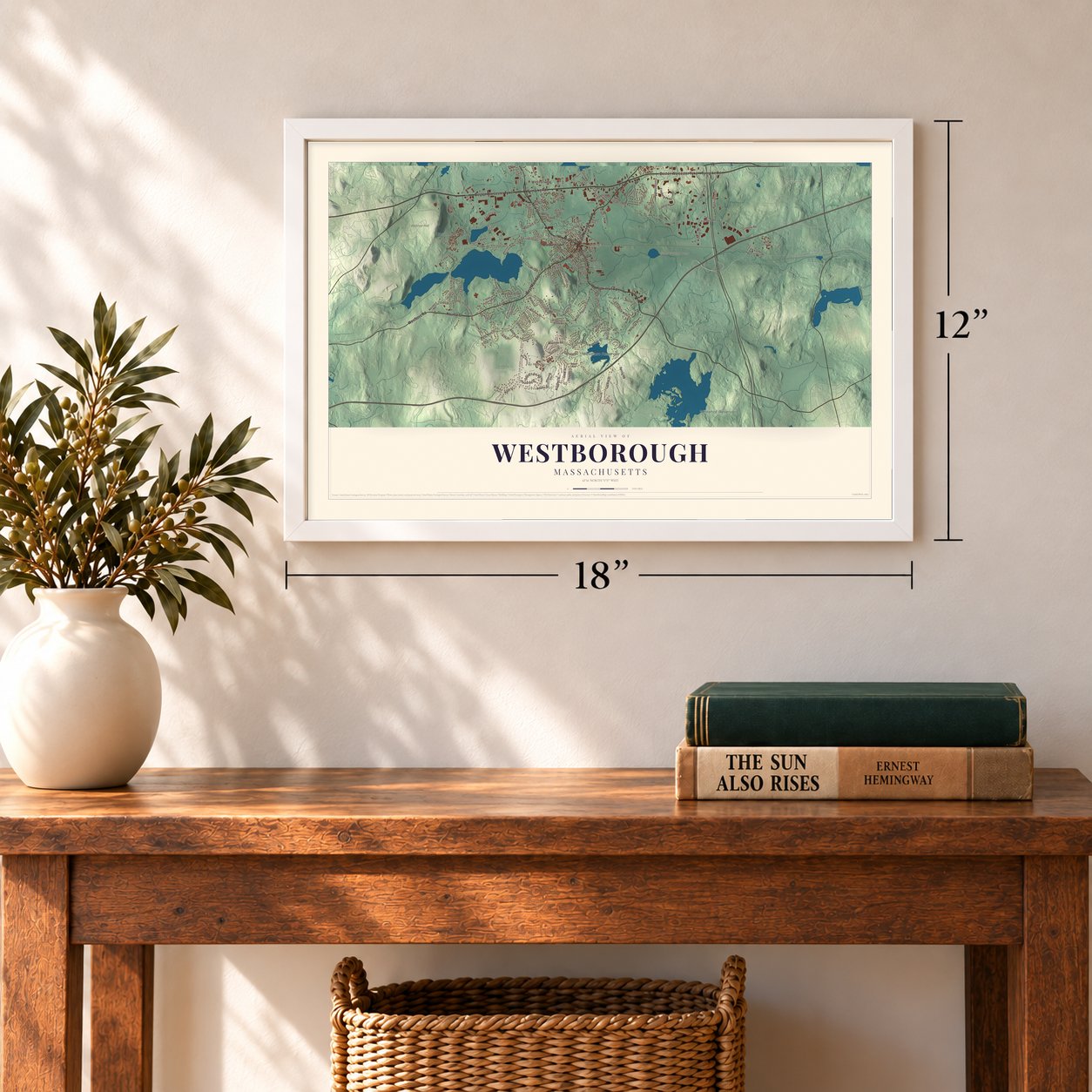 Westborough, Massachusetts map, 12 x 18 inch print in a white frame in an entryway