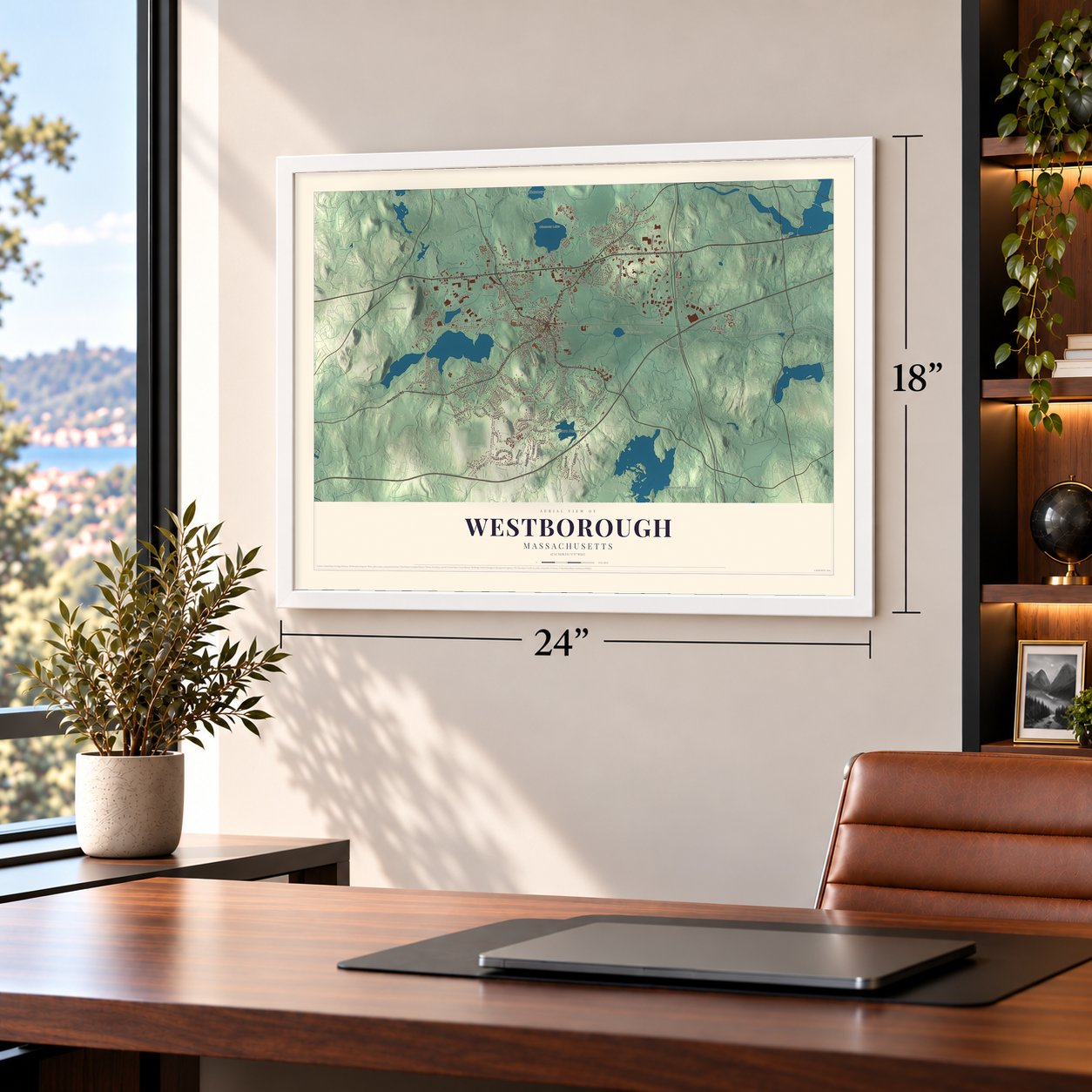 Westborough, Massachusetts map, 18 x 24 inch print in a white frame in a home office