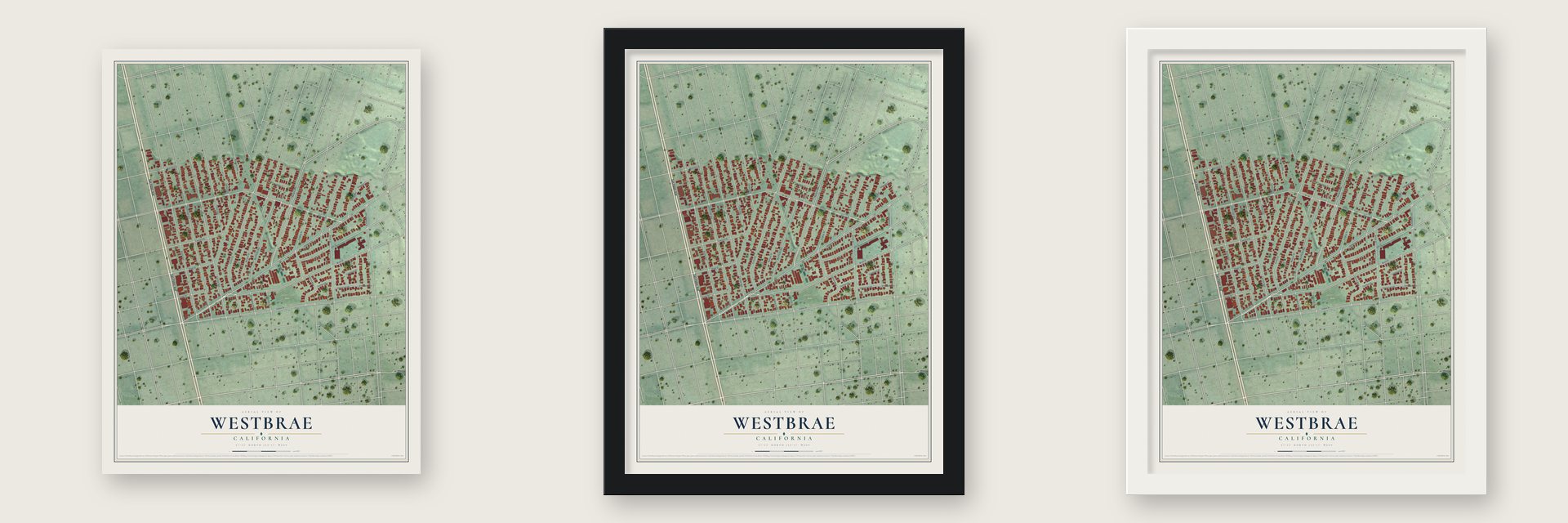 Westbrae, California map unframed, in a black wood frame and in a white wood frame