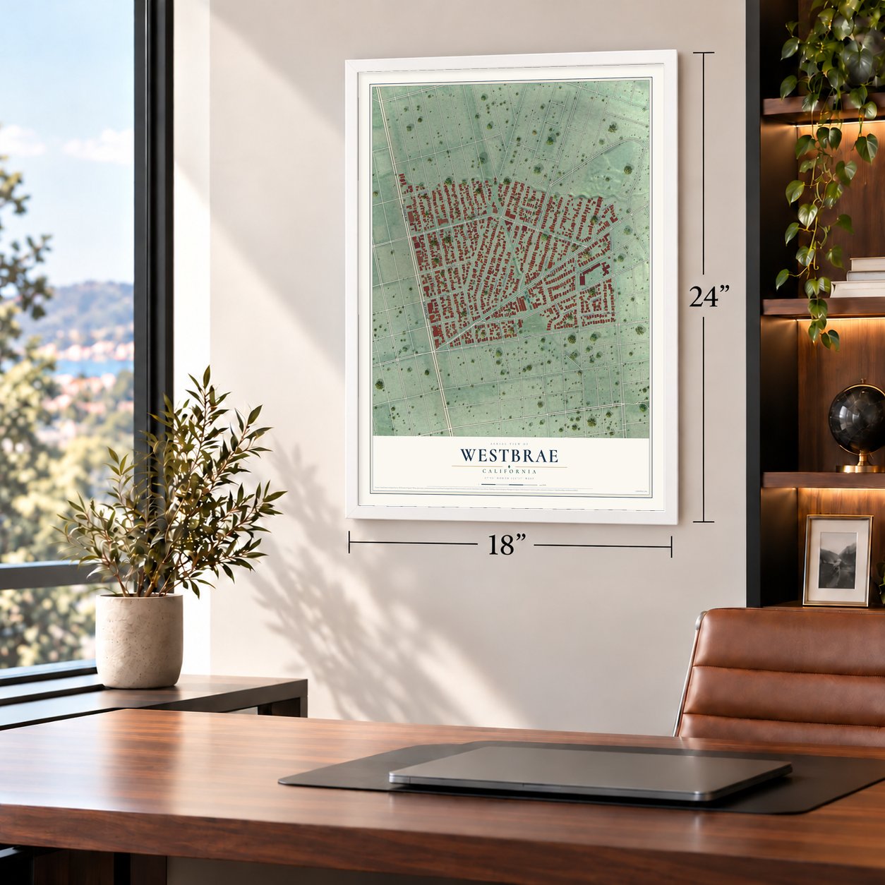 Westbrae, California map, 18 x 24 inch print in a white frame in a home office