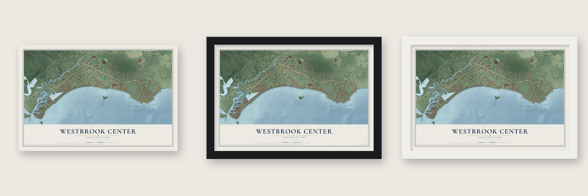 Westbrook Center, Connecticut map unframed, in a black wood frame and in a white wood frame