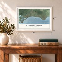 Westbrook Center, Connecticut map, 12 x 18 inch print in a white frame in an entryway