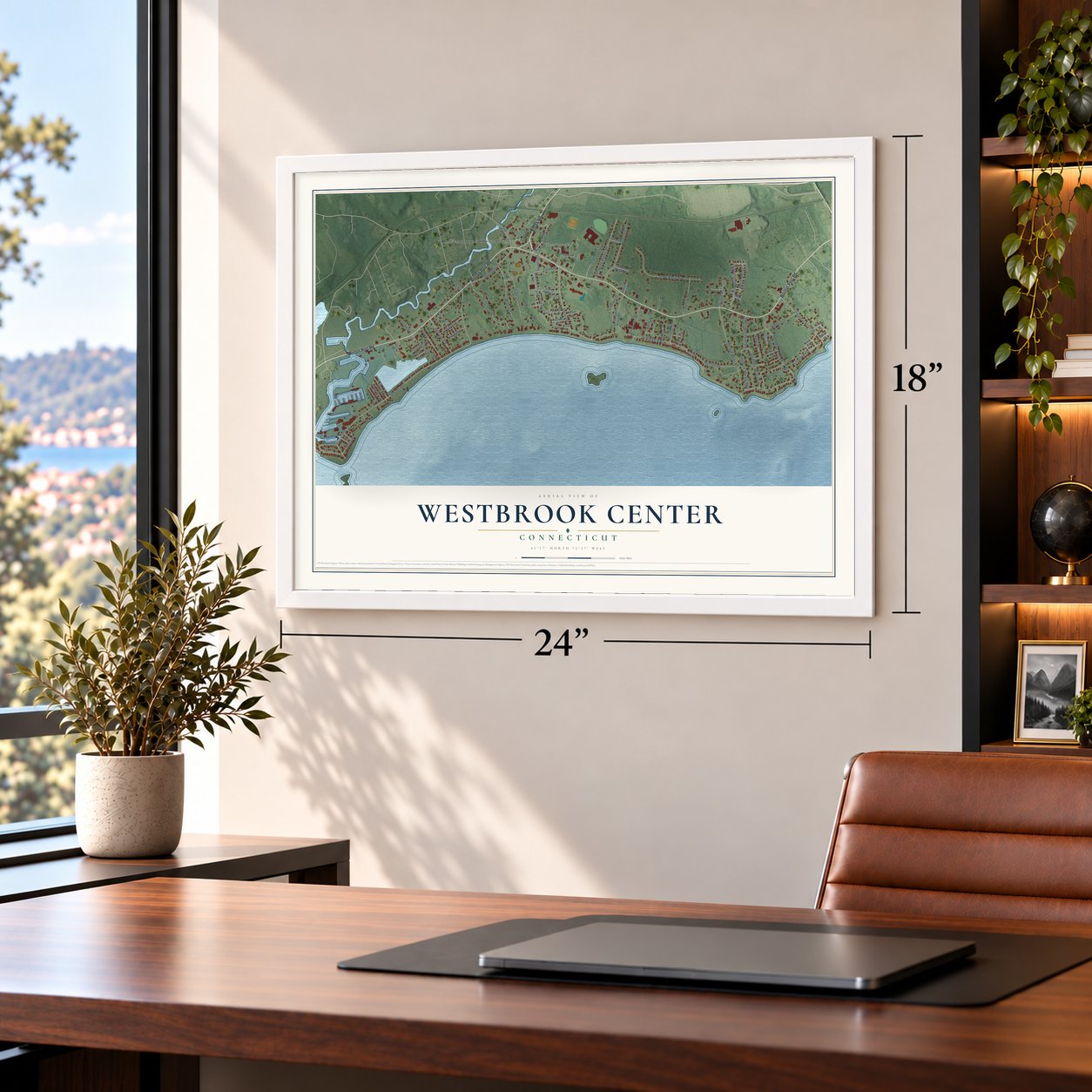 Westbrook Center, Connecticut map, 18 x 24 inch print in a white frame in a home office