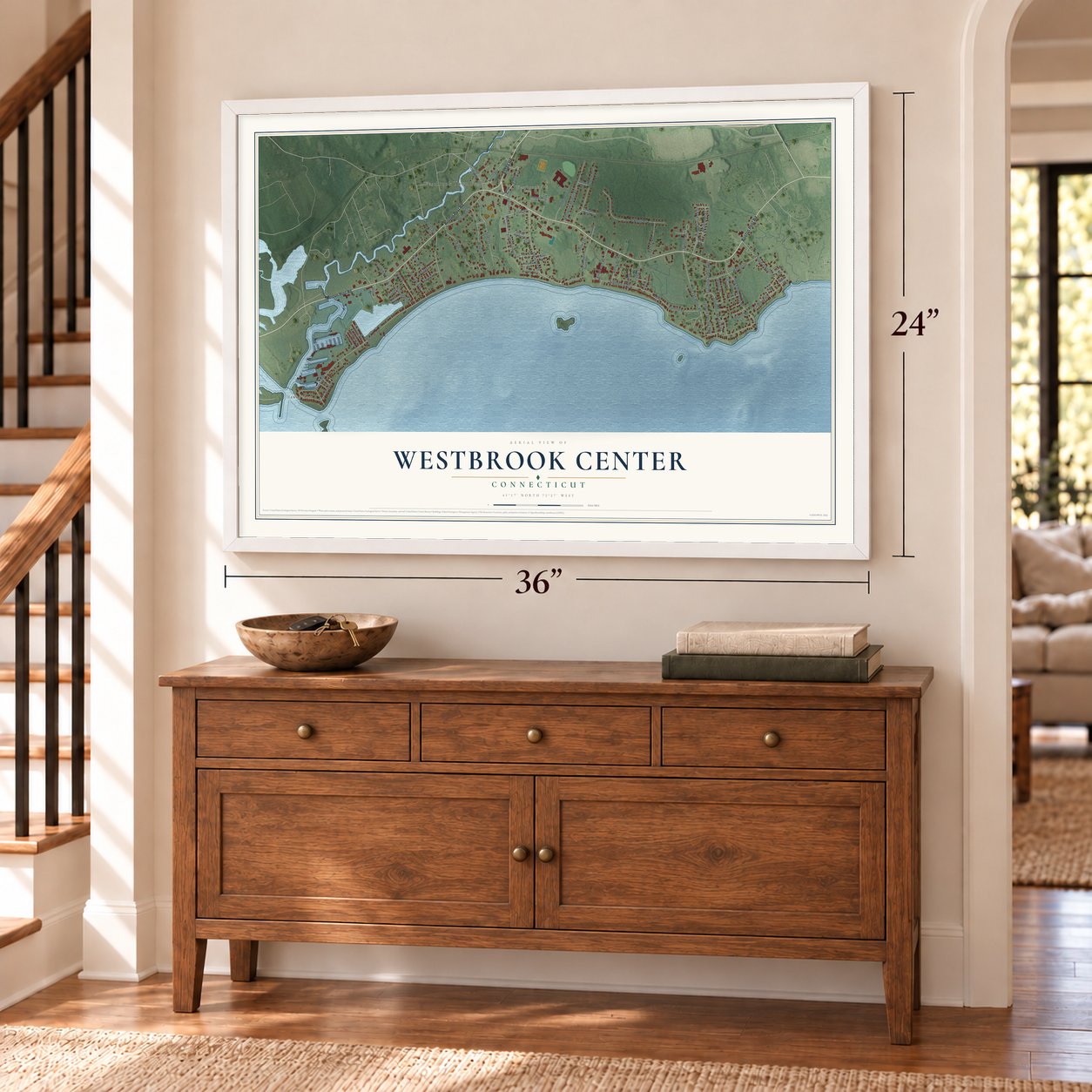 Westbrook Center, Connecticut map, 24 x 36 inch print in a white frame above a dresser by a staircase