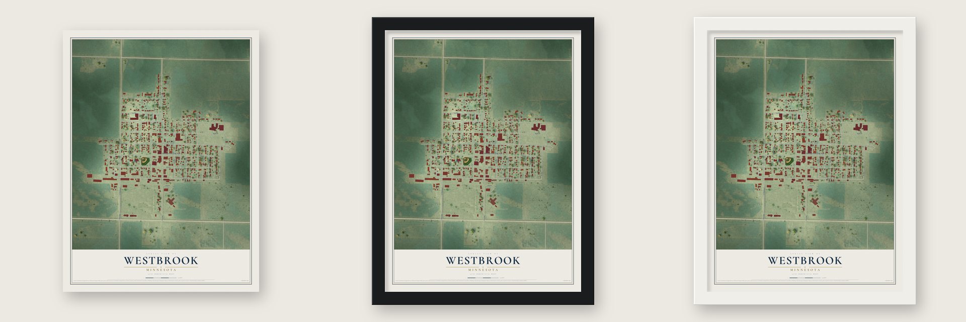 Westbrook, Minnesota map unframed, in a black wood frame and in a white wood frame