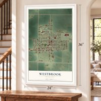Westbrook, Minnesota map, 24 x 36 inch print in a white frame by a staircase