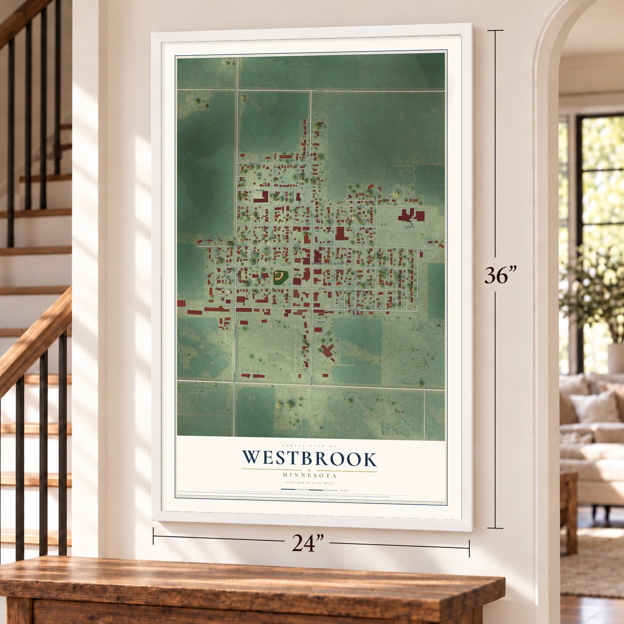 Westbrook, Minnesota map, 24 x 36 inch print in a white frame by a staircase
